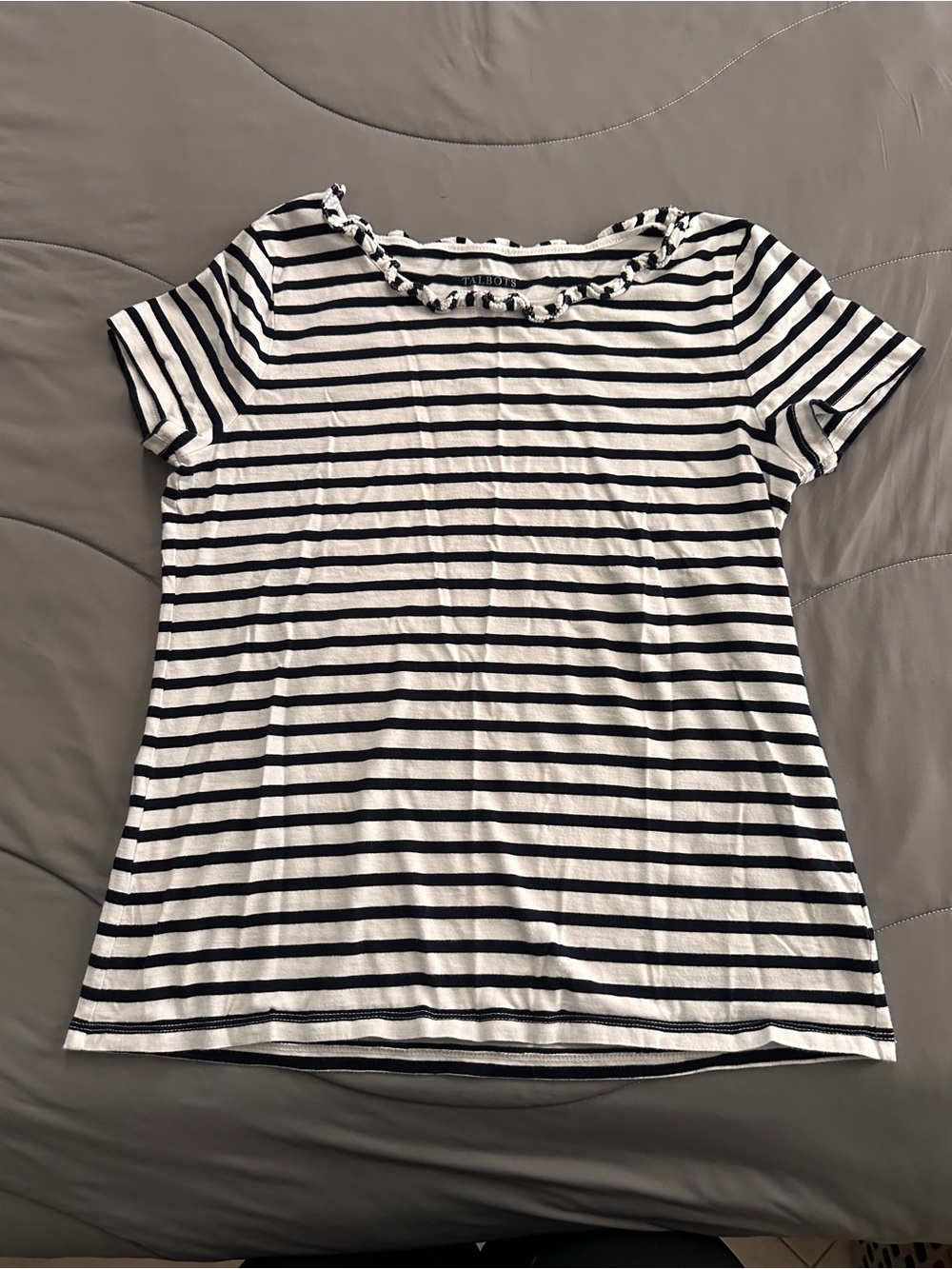 Talbots Navy and White Striped Short-Sleeve Ruffle Neck Tee